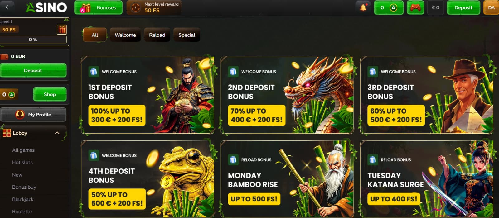 Asino Casino promotions page showing welcome bonuses, reload offers, and bonus categories