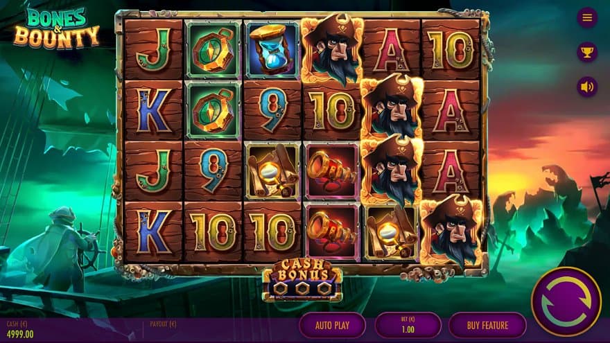 A casino slot with a pirate ship at sea as background.