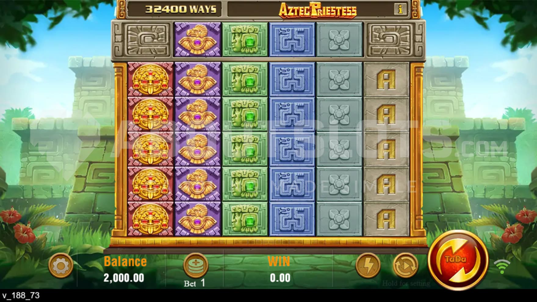 The playing grid is set infront of the temple and filled with various gems