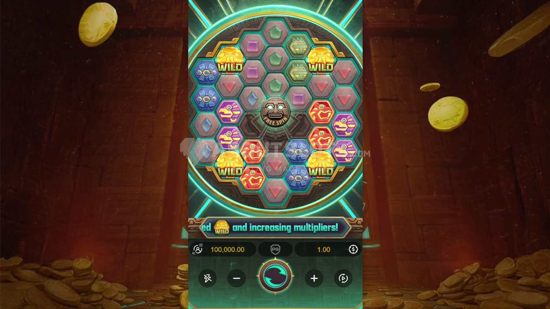 The playing grid is a colorful circle with cascading reels