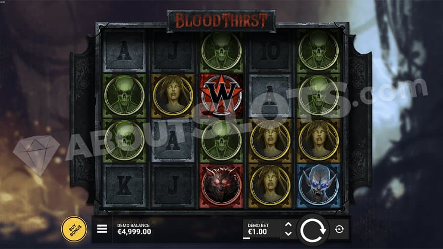 Five reels with four rows showing monsters and royal symbols.