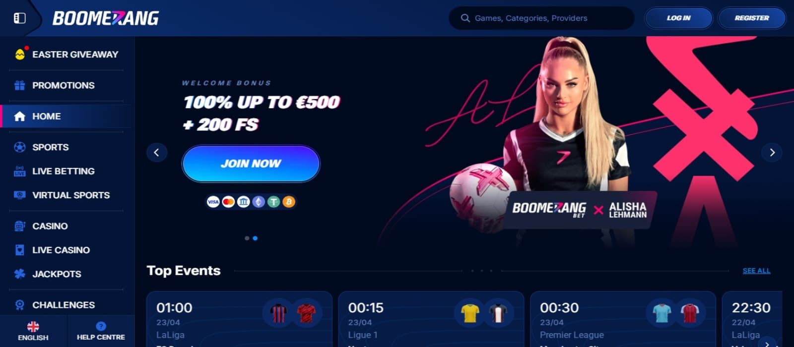 Boomerang-Bet Casino landing page with the welcome bonus offer banner featuring a female athlete and left side navigational panel