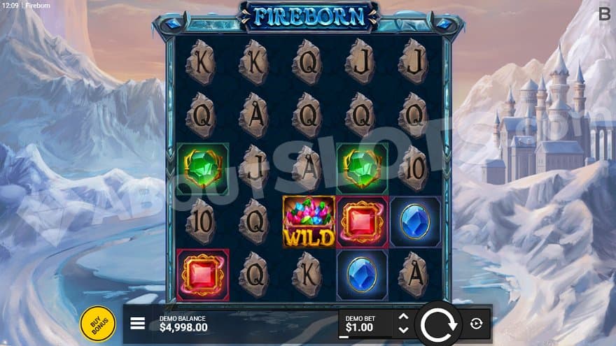 Five casino slot reels in a frozen landscape.