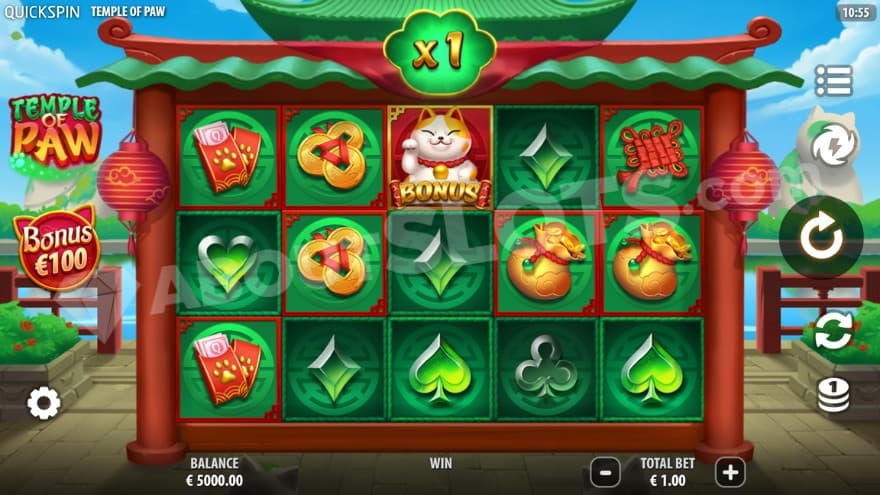 Base game with a cat scatter symbol on the middle reel.