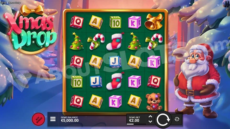 A casino slot in a winter landscape with Santa Claus on the right hand side.