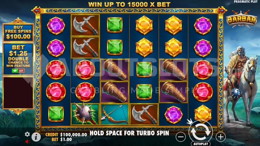 A warrior sits on his pale next to the reels filled with gems and weapons