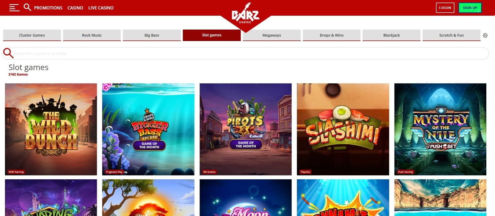 The games page of Barz Casino presents a rich collection of slot games, such as The Wild Bunch, Bigger Bass Splash, and more.