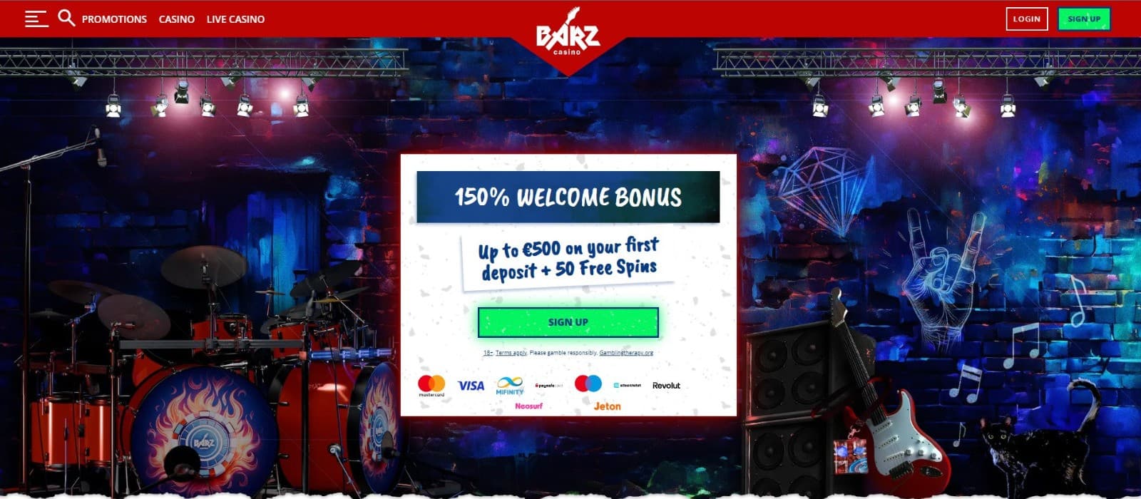 The landing page of Barz Casino showcases the welcome bonus of 500 euros and 50 free spins.