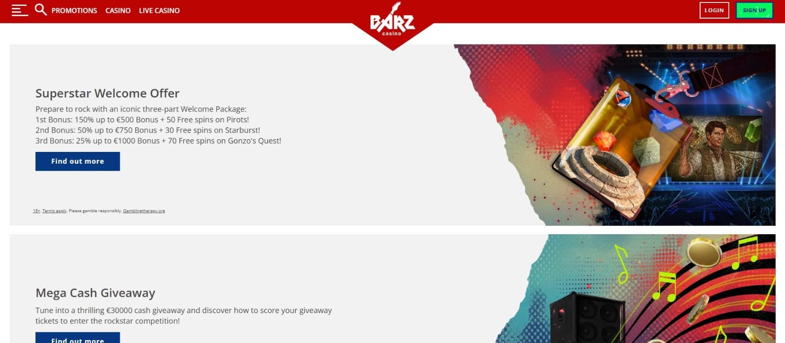 The promotions page of Barz Casino displays the welcome offers, mega cash giveaway, and more.