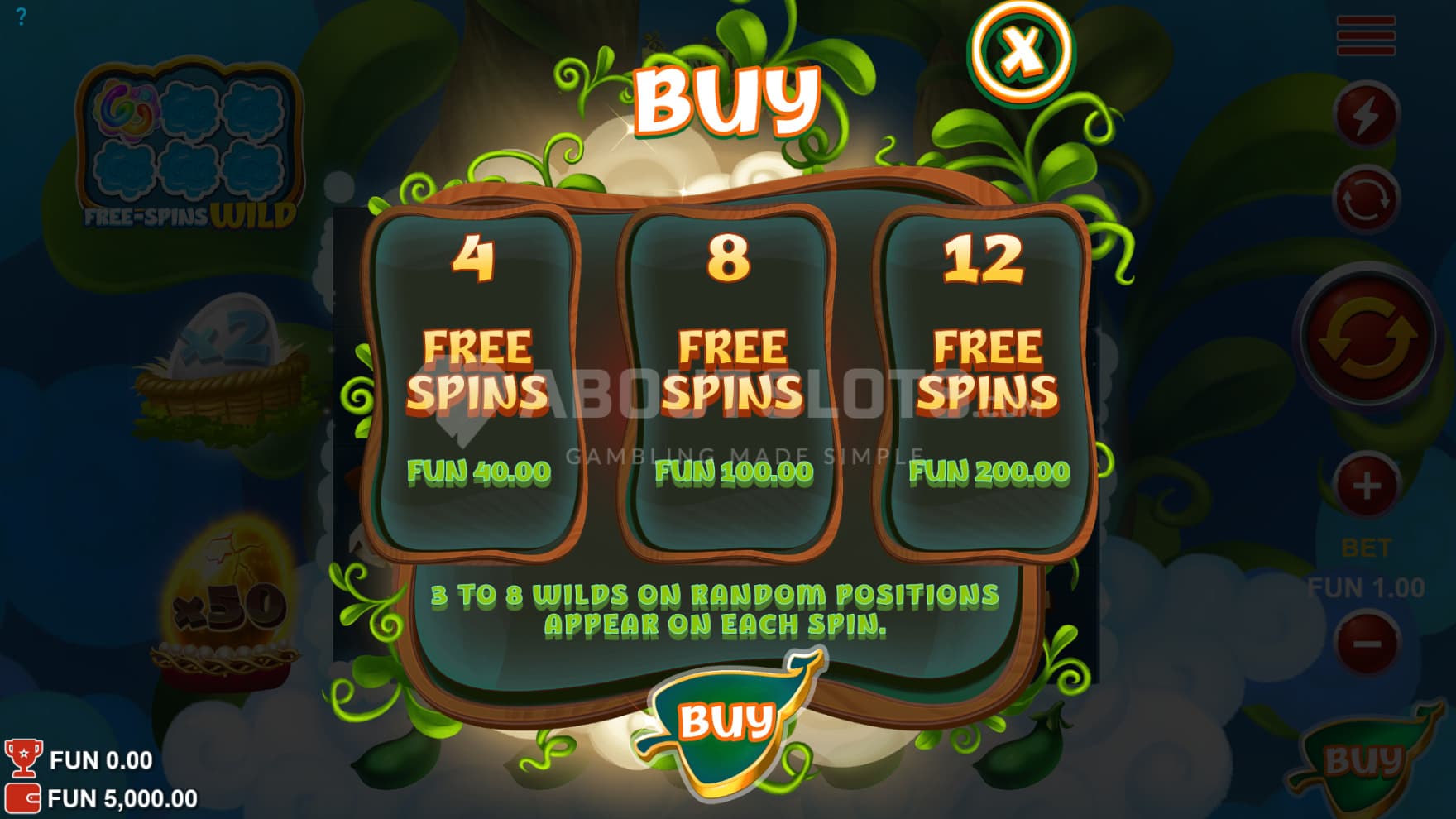 There are three types of feature buy options, each delivering on a random amount of Wilds per spin