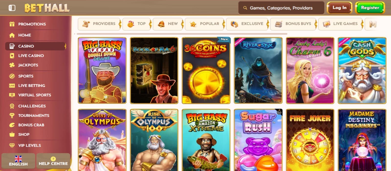 BetHall Casino games page with the various colorful slot game icons and side navigation bar with game categories above the game icons