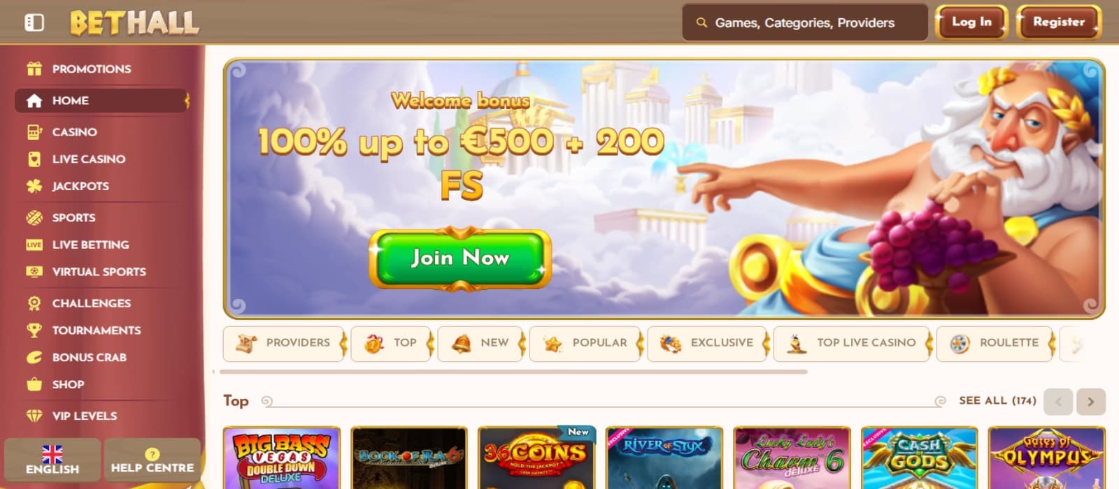 BetHall Casino landing page with the welcome bonus offer banner illustrating an animated old king, side navigation menus and slot game icons below
