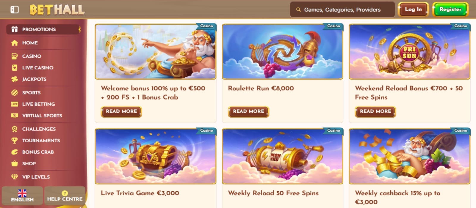 BetHall Casino promotions page with the different bonus offer banners and side navigational menus