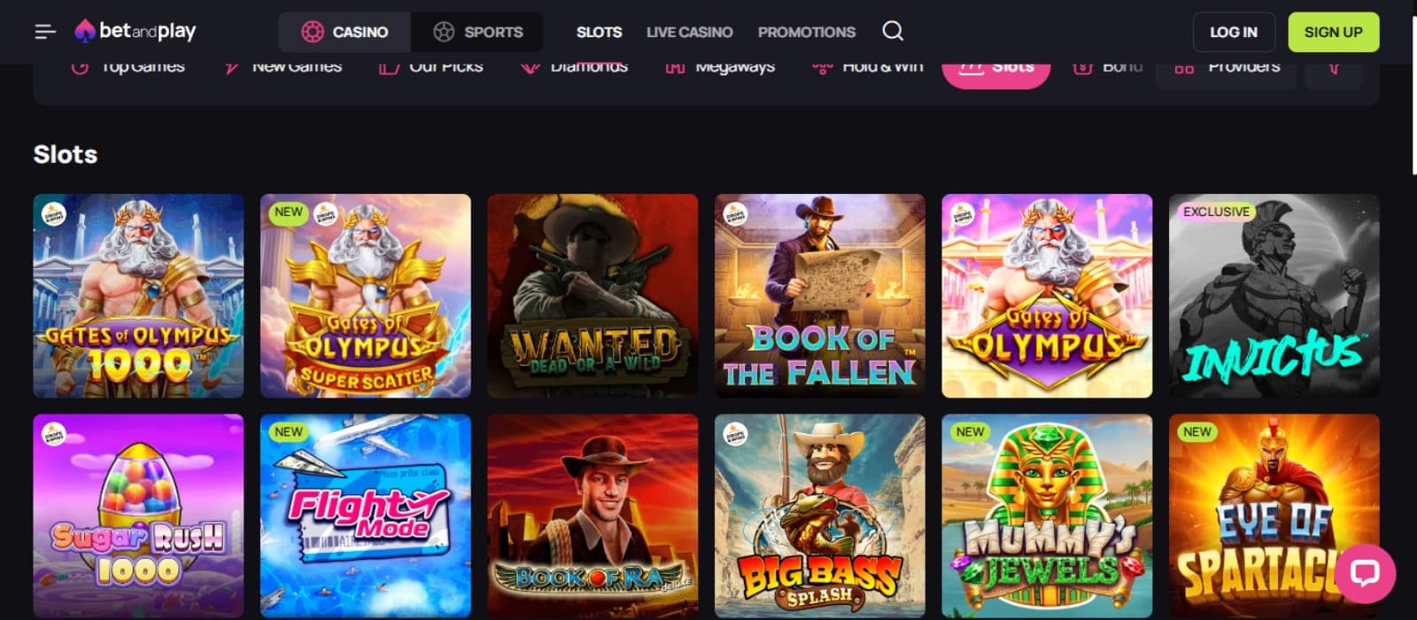 BetandPlay Casino games page with the colorful slot game icons, game category filters above and top navigation menus