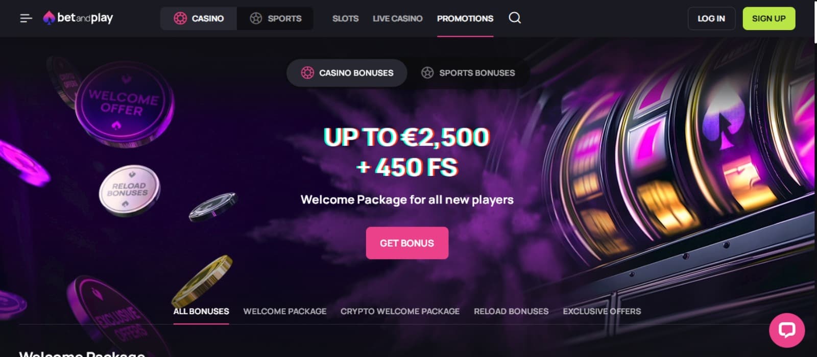 BetandPlay Casino promotions page with the welcome bonus offer banner and top navigation menus with bonus category filters below