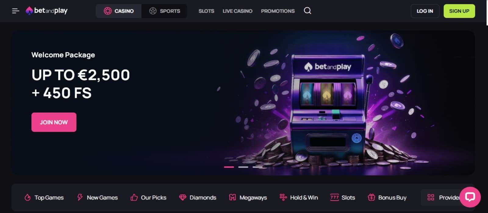 BetandPlay Casino landing page with the welcome bonus offer banner and a slot machine in the banner and top navigation menus