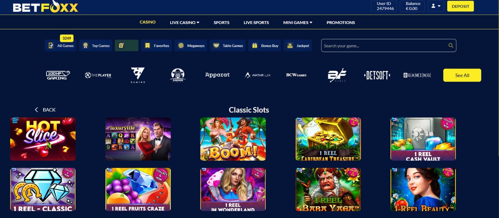 The games page of Betfoxx Casino showcases slot titles, such as Hot Slice, 1 Reel Fruits Craze,and more.