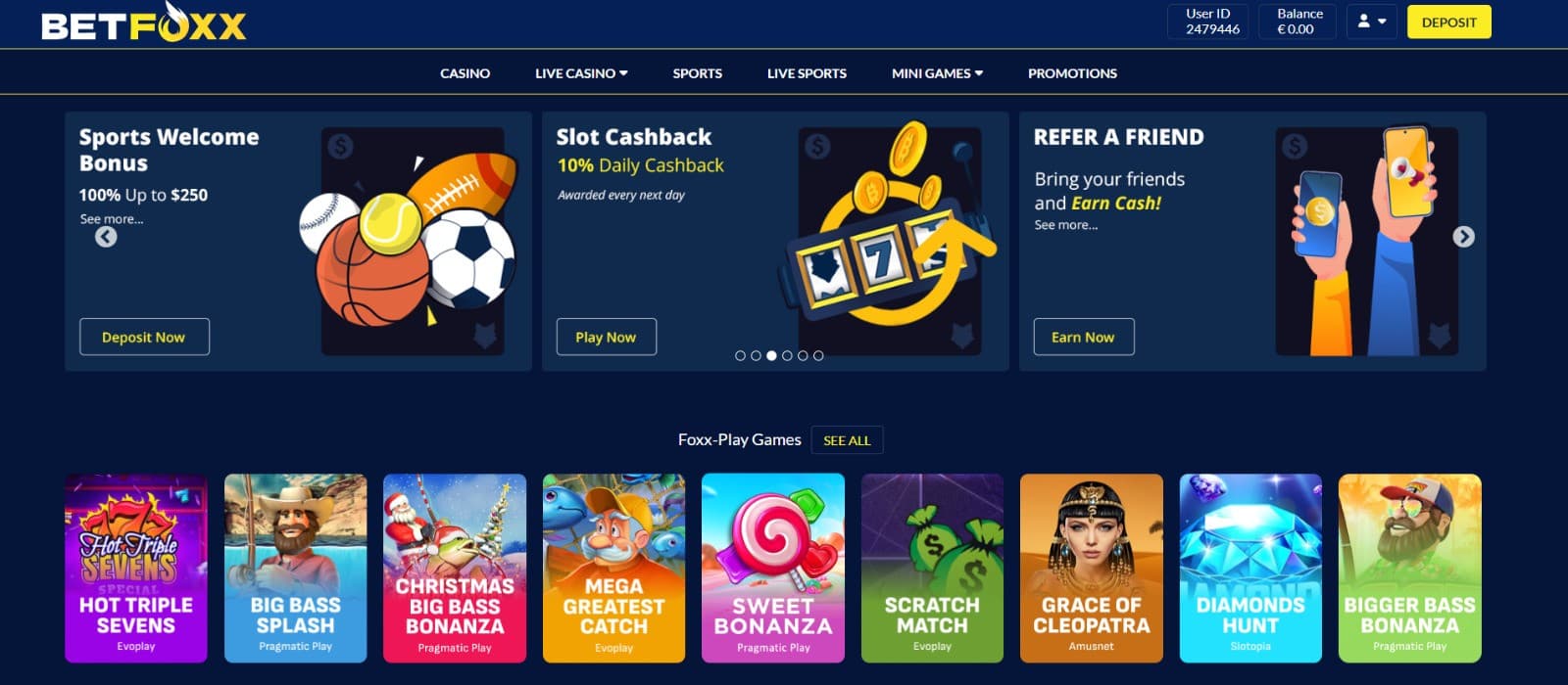 The landing page of Betfoxx Casino showcases casino bonuses offered at the online casino.