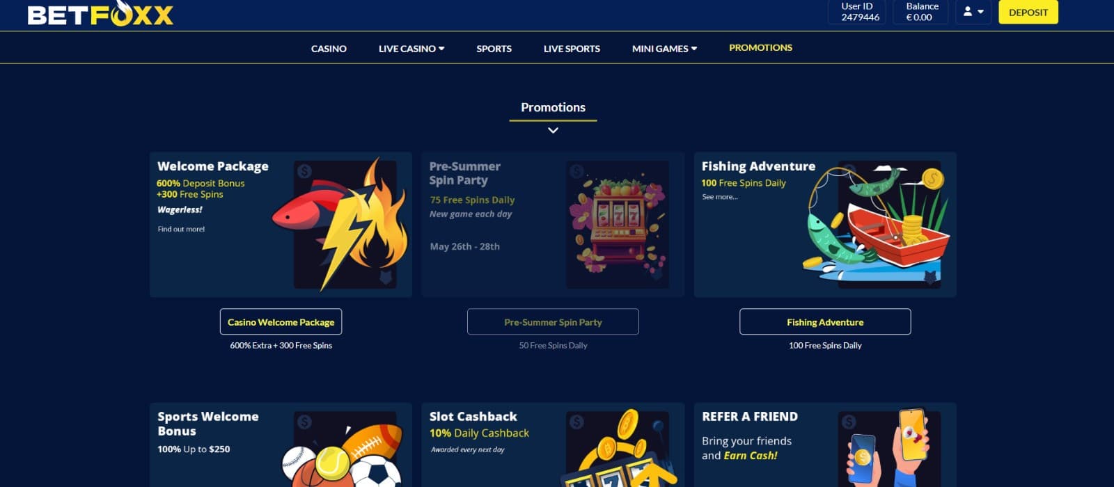 The promotions page of Betfoxx Casino presents a range of casino bonuses, such as the welcome package, sports welcome package, and more.