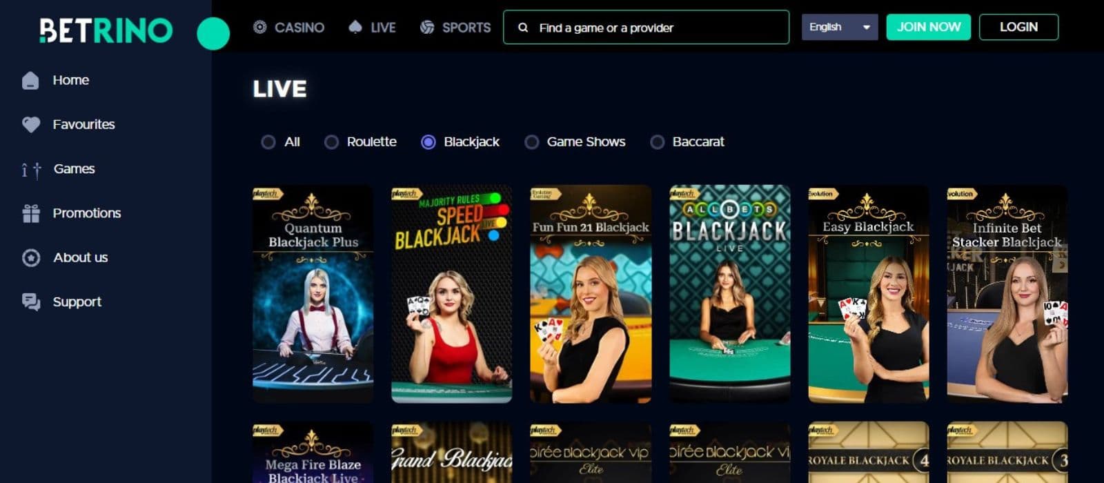 Betrino Casino's live games section, showing variations of blackjack.