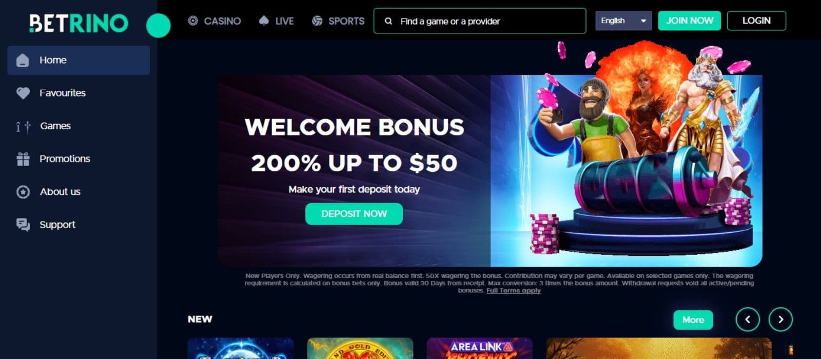 Betrino Casino's homepage, showing the welcome bonus, some game avatars, and a sidebar menu.