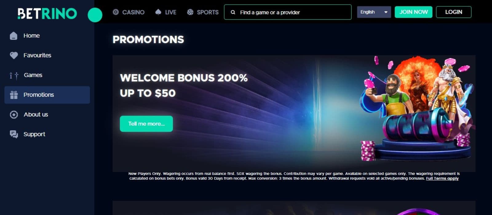 Betrino Casino's promotions page, showing their welcome bonus worth up to €50.