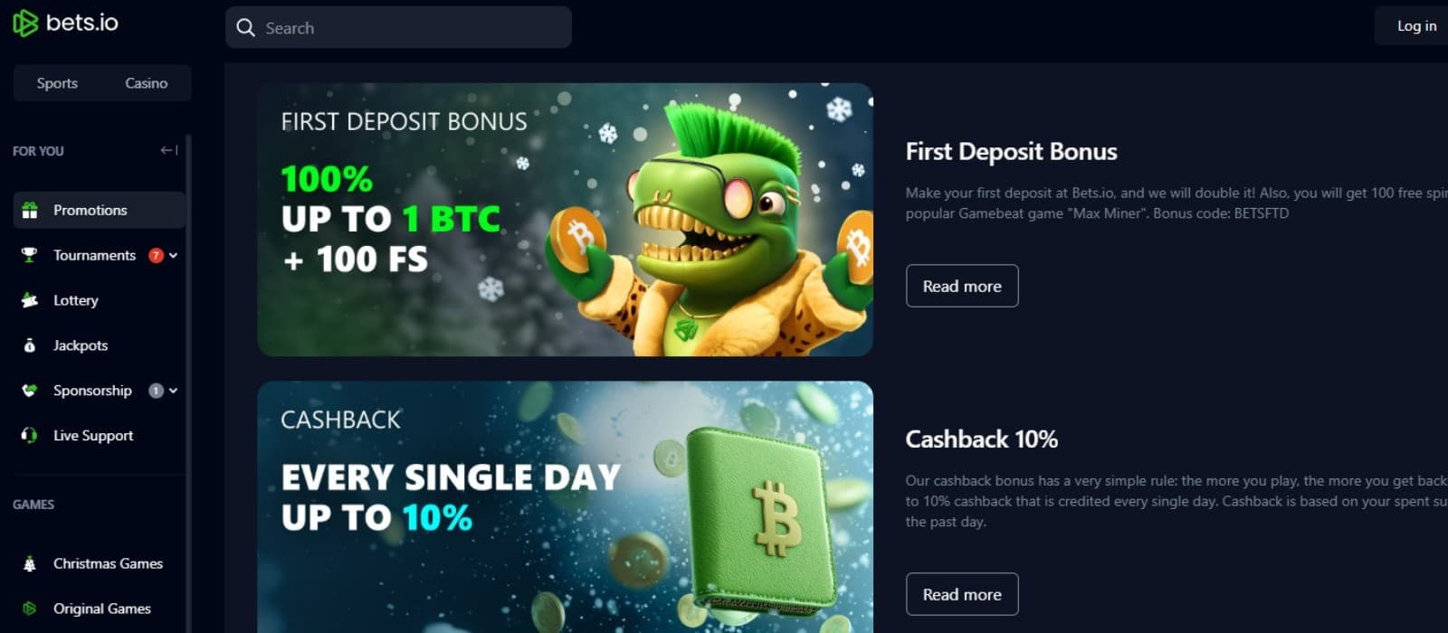 The promotions page of Bets.io Casino displays a selection of offers such as, the first deposit bonus and the cashback bonus.