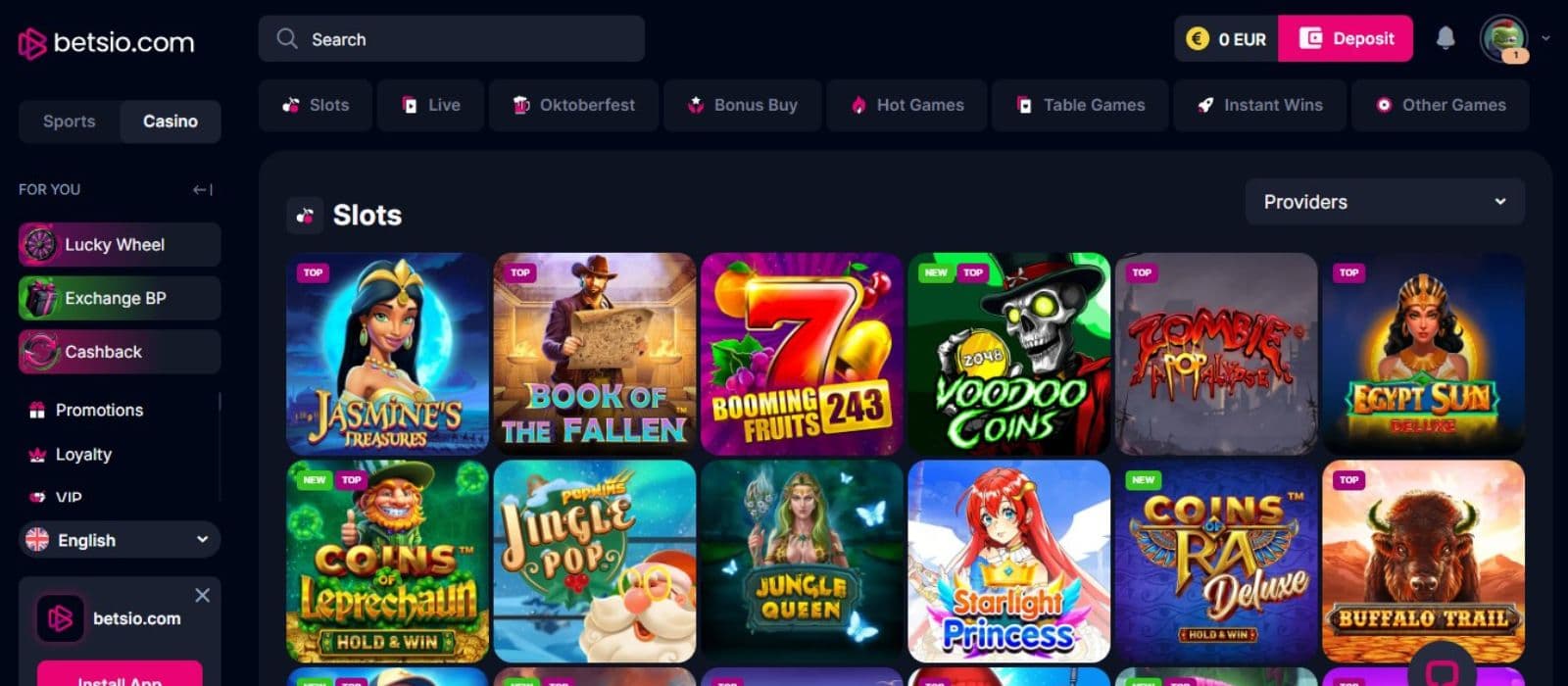 Betsio.com Casino's slot games category, showing impressive titles, such as Book of the Fallen and other exciting games.