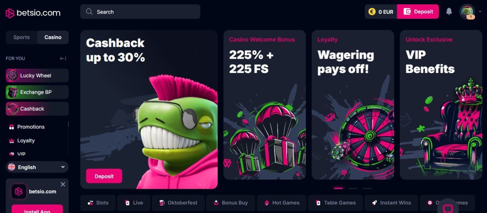 Betsio.com Casino's homepage, showing a reel of promotions, including a 30% cashback, welcome package, and loyalty benefits.