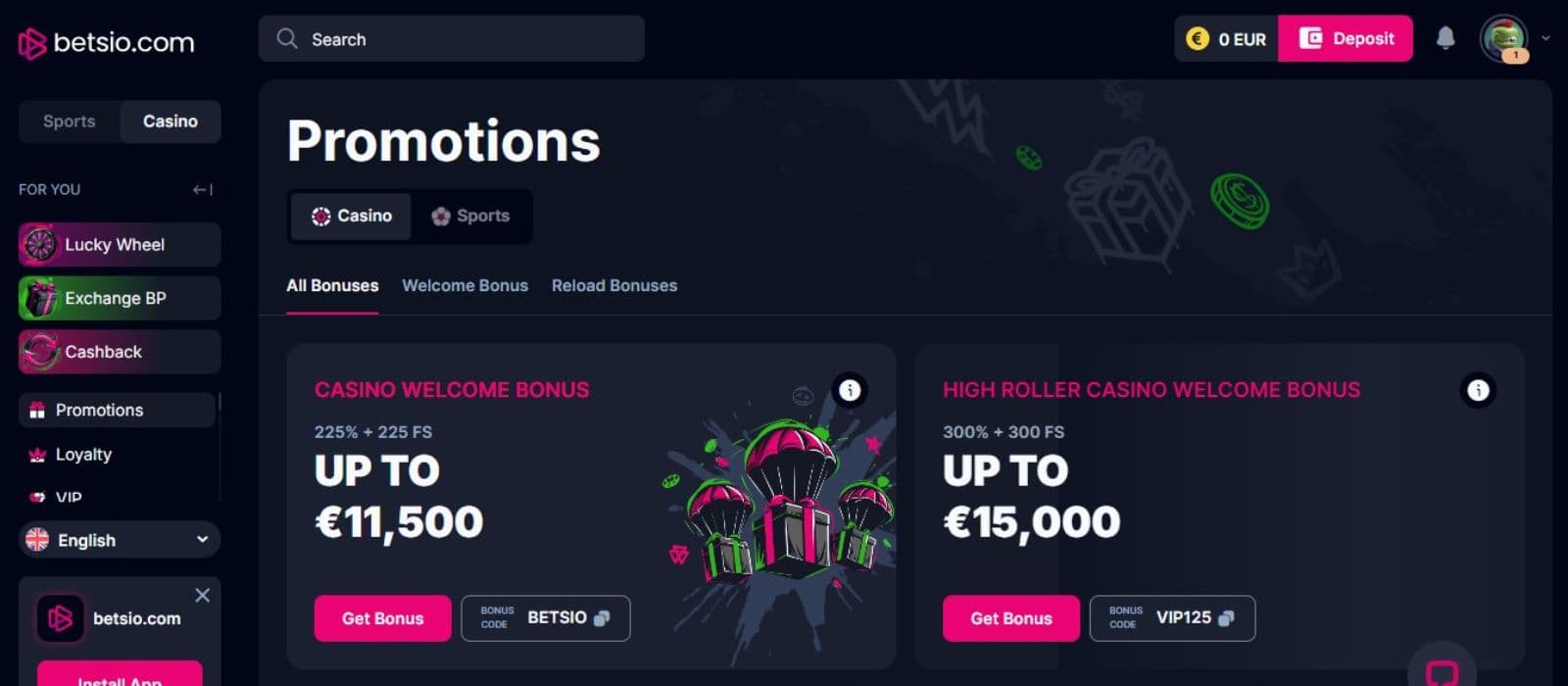 Betsio.com Casino's promotions, showing the welcome bonus and high roller welcome bonus options.