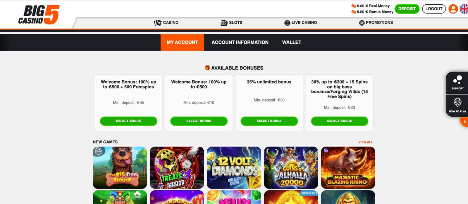 Big5Casino landing page showing available bonuses and new games in the player account area.