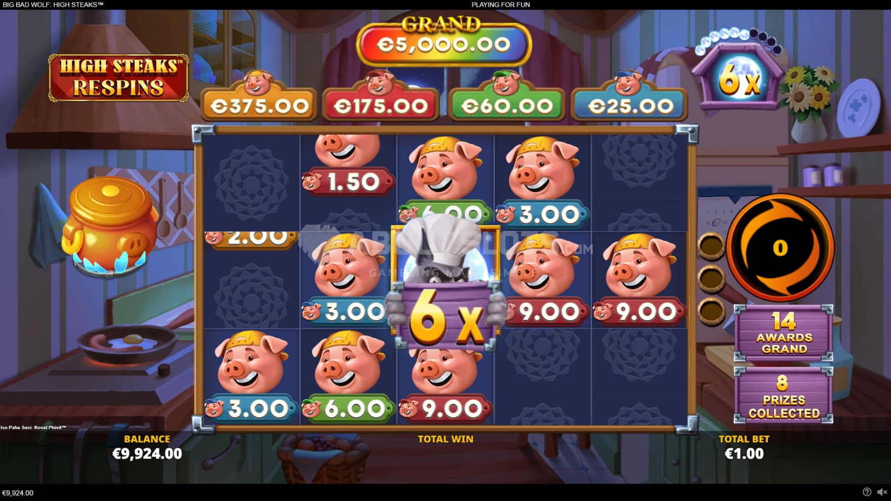Pictured is the High Steaks Respins with the Wolf Symbol having a 6X Multiplier sticked to the center of the screen