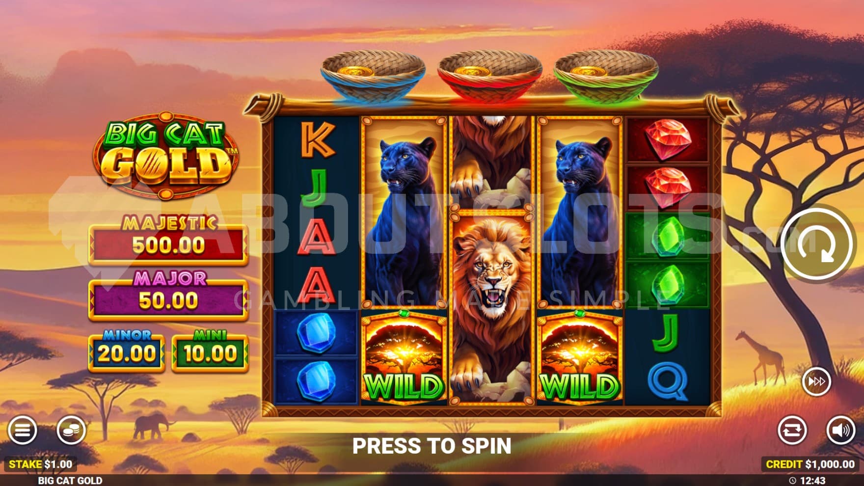 The base game is out on the savannah with multiple big cats on the reels