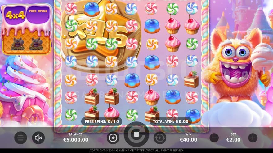 Free Spins bonus game with a fluffy monster on the right.