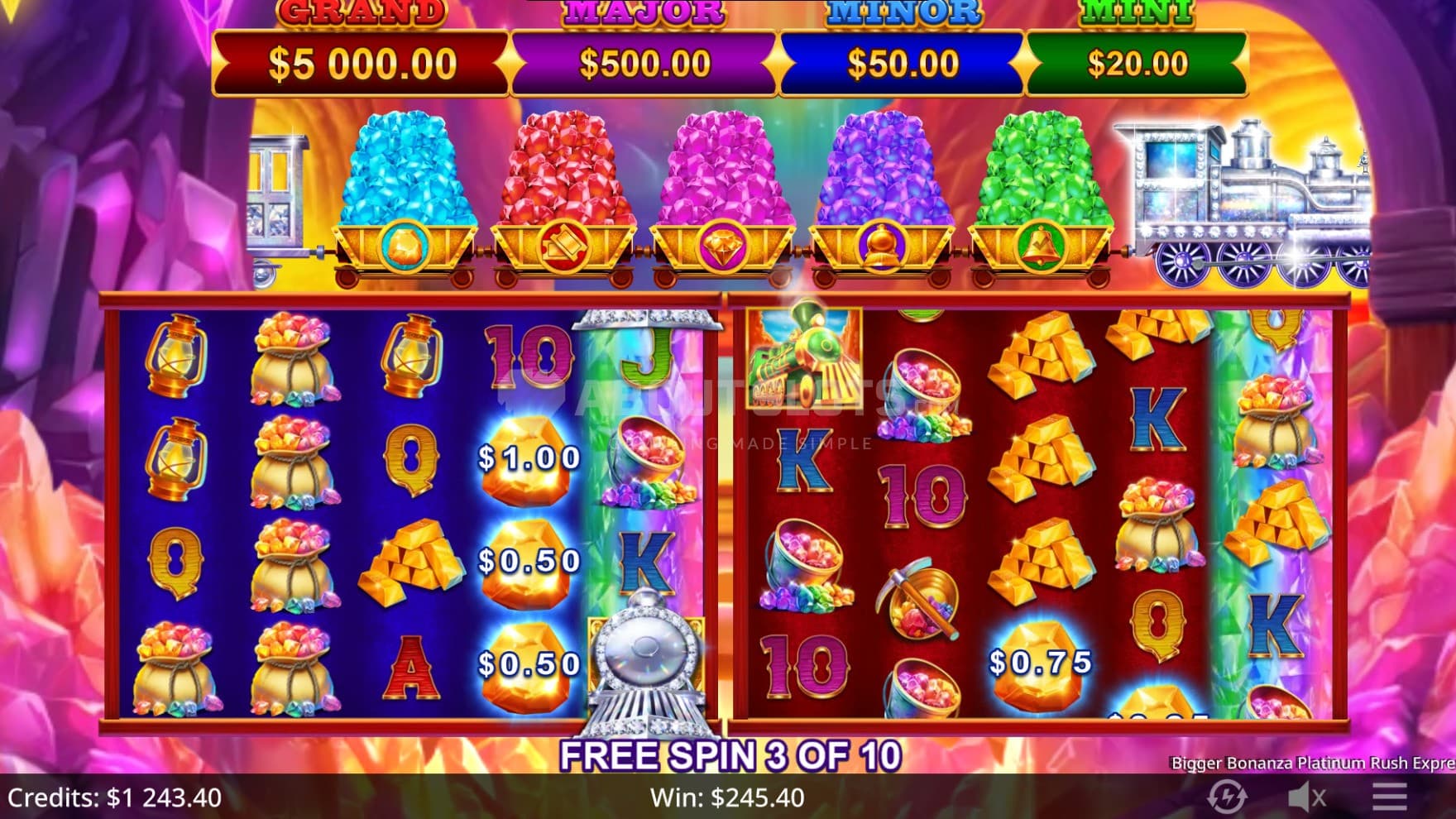 Pictured is the free spins feature with all 5 bonuses active