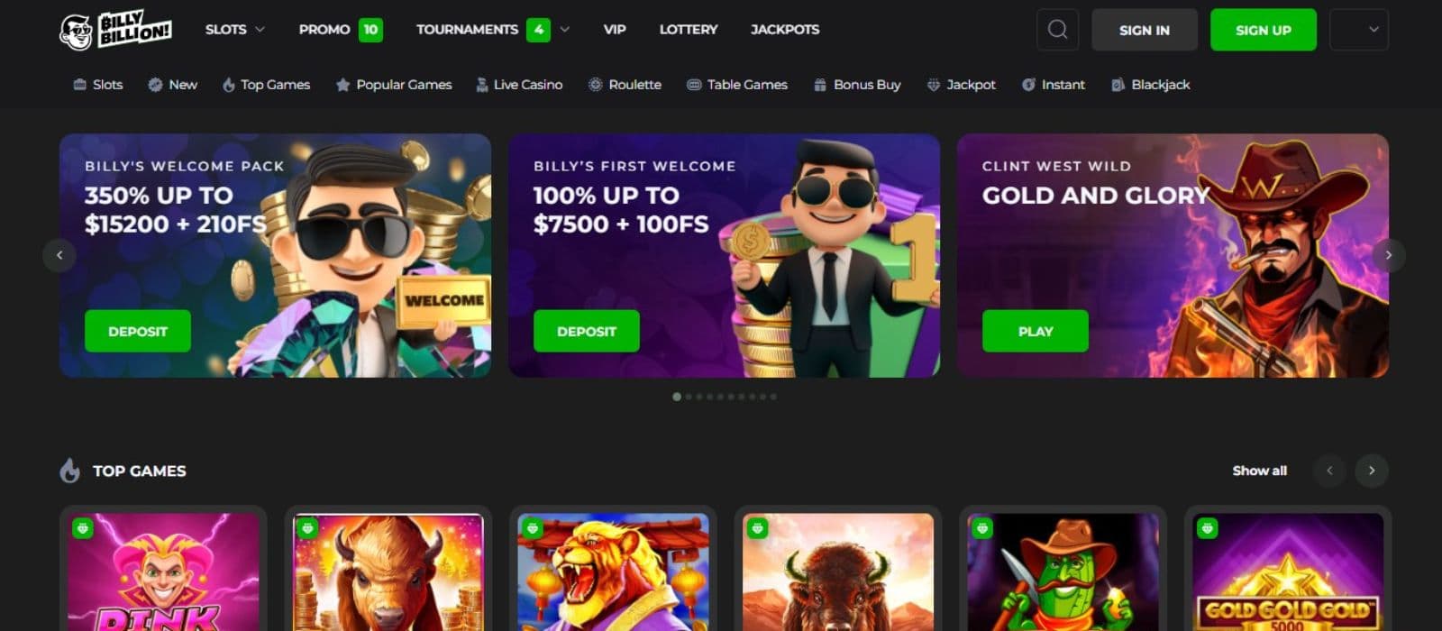 Billy Billion Casino's homepage, showing the welcome bonus package, game avatars, and horizontal menu.