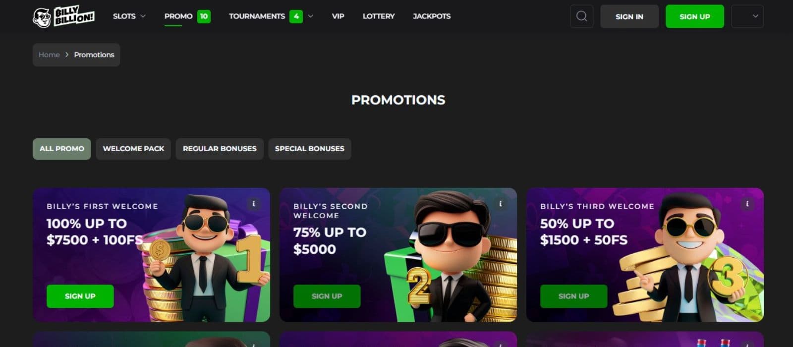 Billy Billion Casino's promotions page, showing the first 3 welcome bonuses and game avatar.