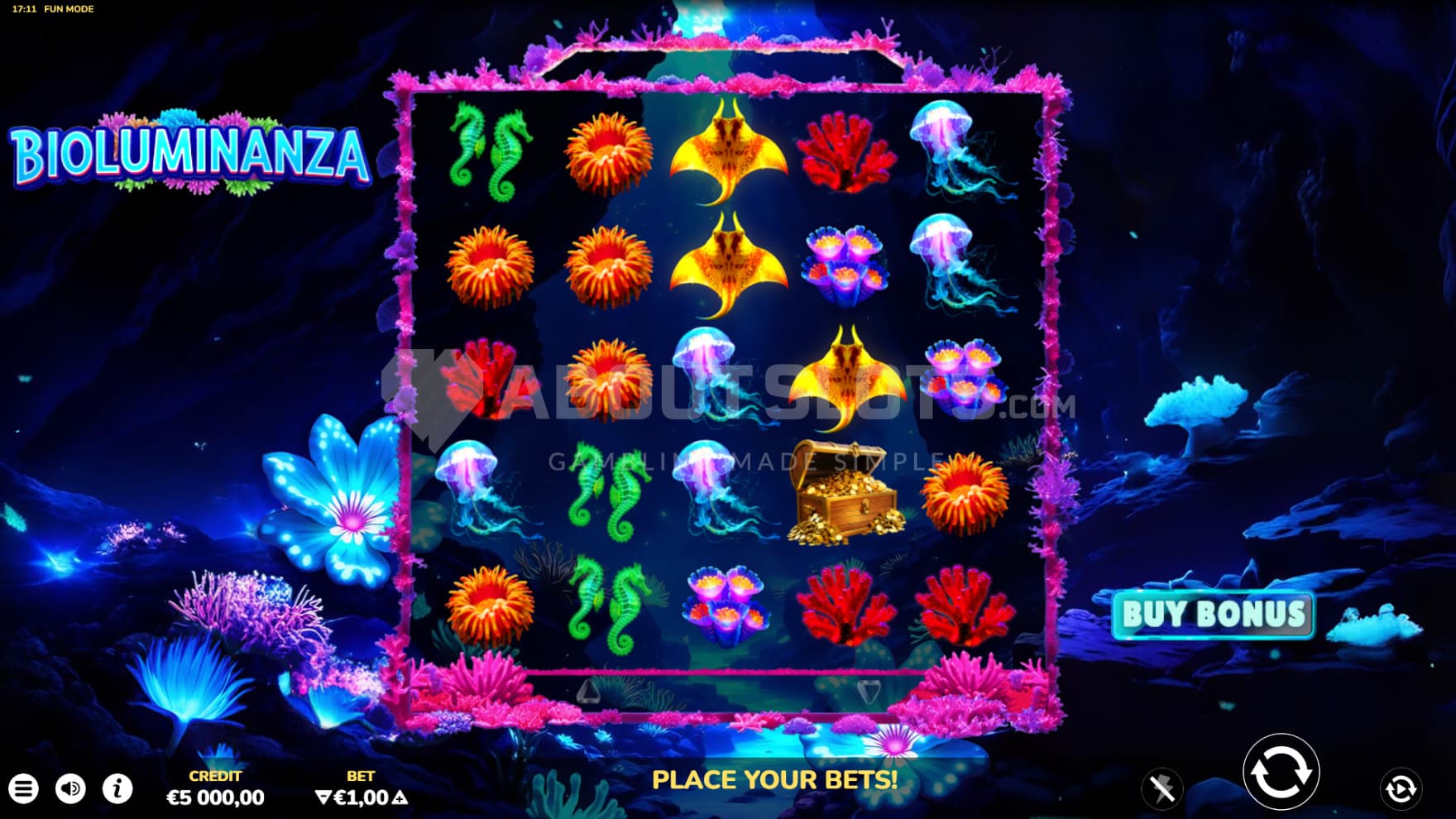 Set on the sea floor, the background and playing grid is filled with various corals, plants, and fish