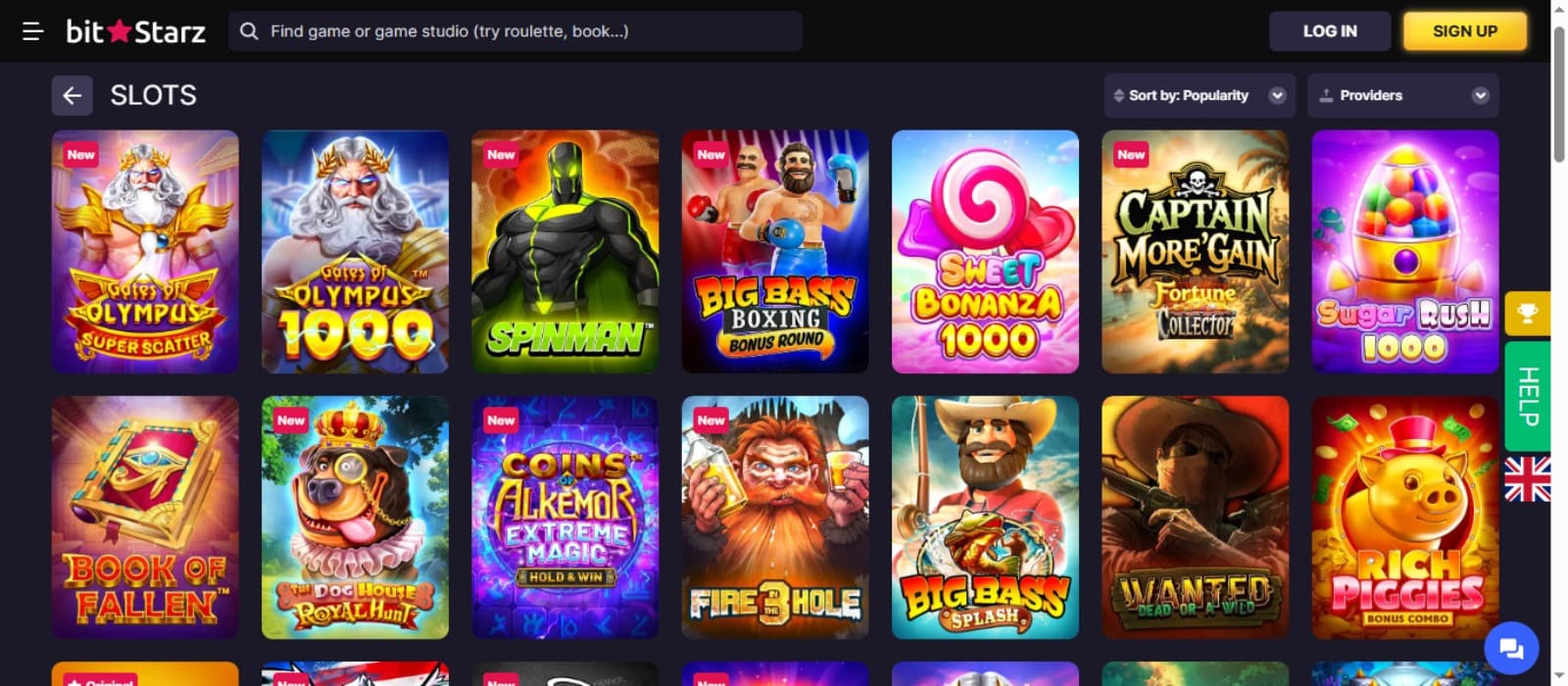 BitStarz Casino games page with the various colorful slot game icons, search bar at the top and login options at the top right