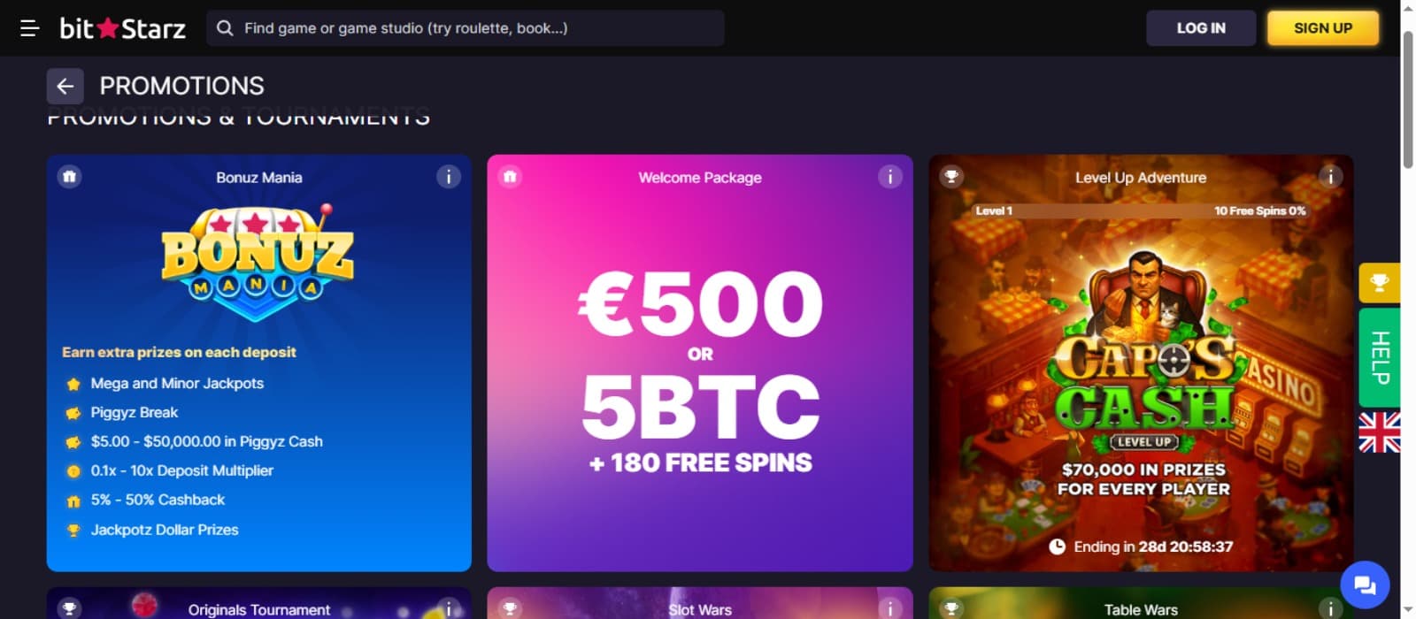 BitStarz Casino promotions page with the various bonus offer banners, casino sections filtering search bar at the top and login options