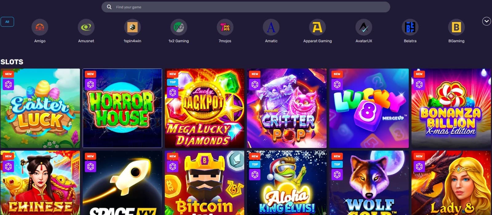The games page of Bitcoincasino.io presents a range of highly sought-after slot games, such as Easter Luck, Horror House, and more.