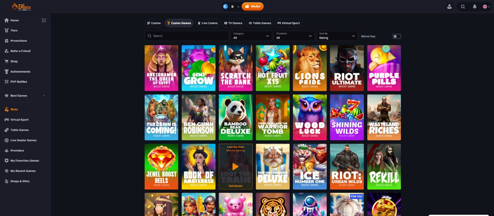 Blaze Spins Casino games page showing slot titles, filters and provider sorting options.