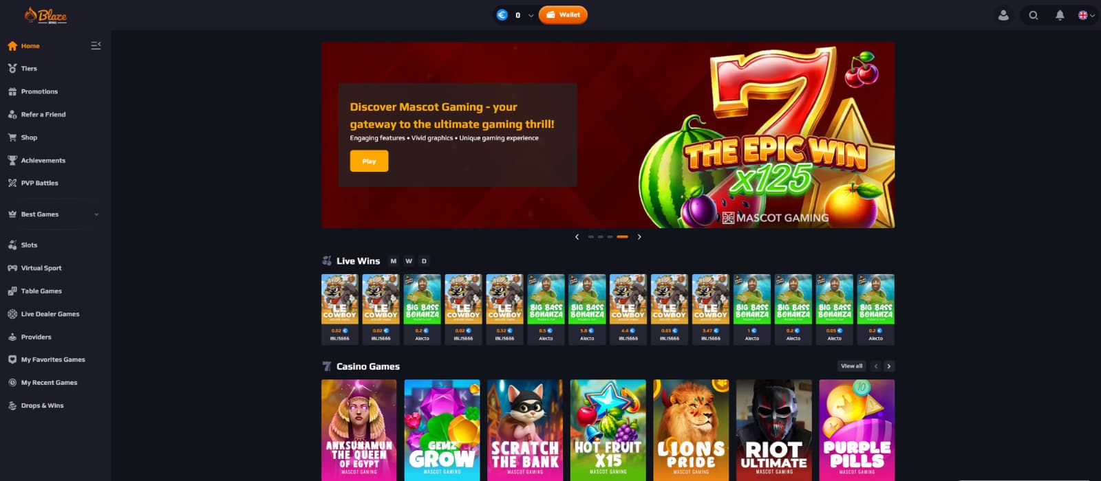 Blaze Spins Casino landing page showing the main banner, live wins section and casino game tiles.