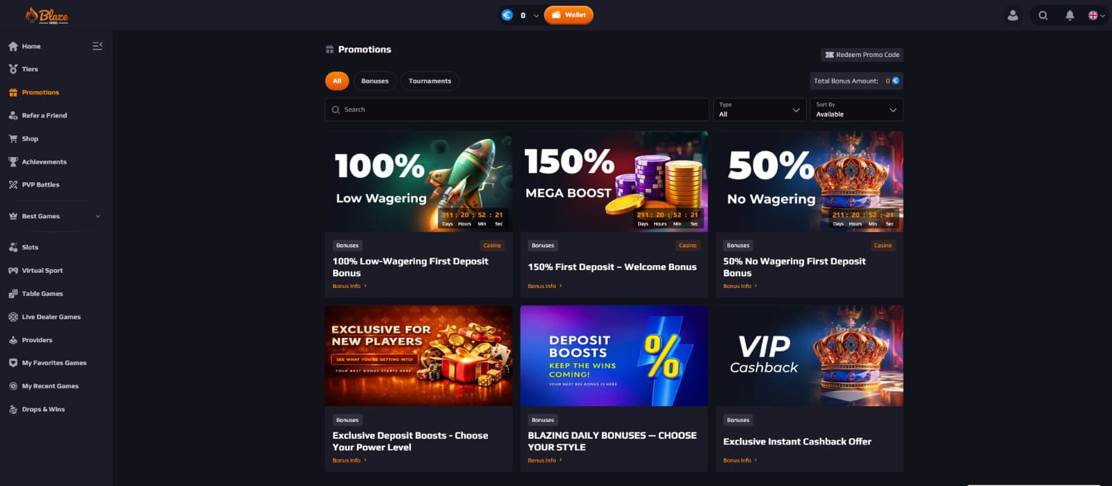 Blaze Spins Casino promotions page showing first deposit bonuses, daily bonuses and cashback offers