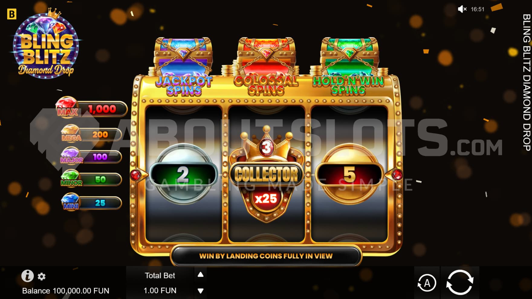 The base game is filled with Coin Symbols and no paylines, but with Collectors that can lead to Superspins