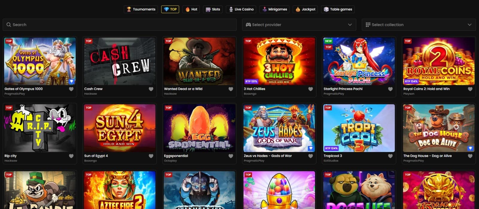 The games section of Blitz-Bet Casino displays a wide range of slot games, such as Gates of Olympus 1000, Cash Crew,and more.