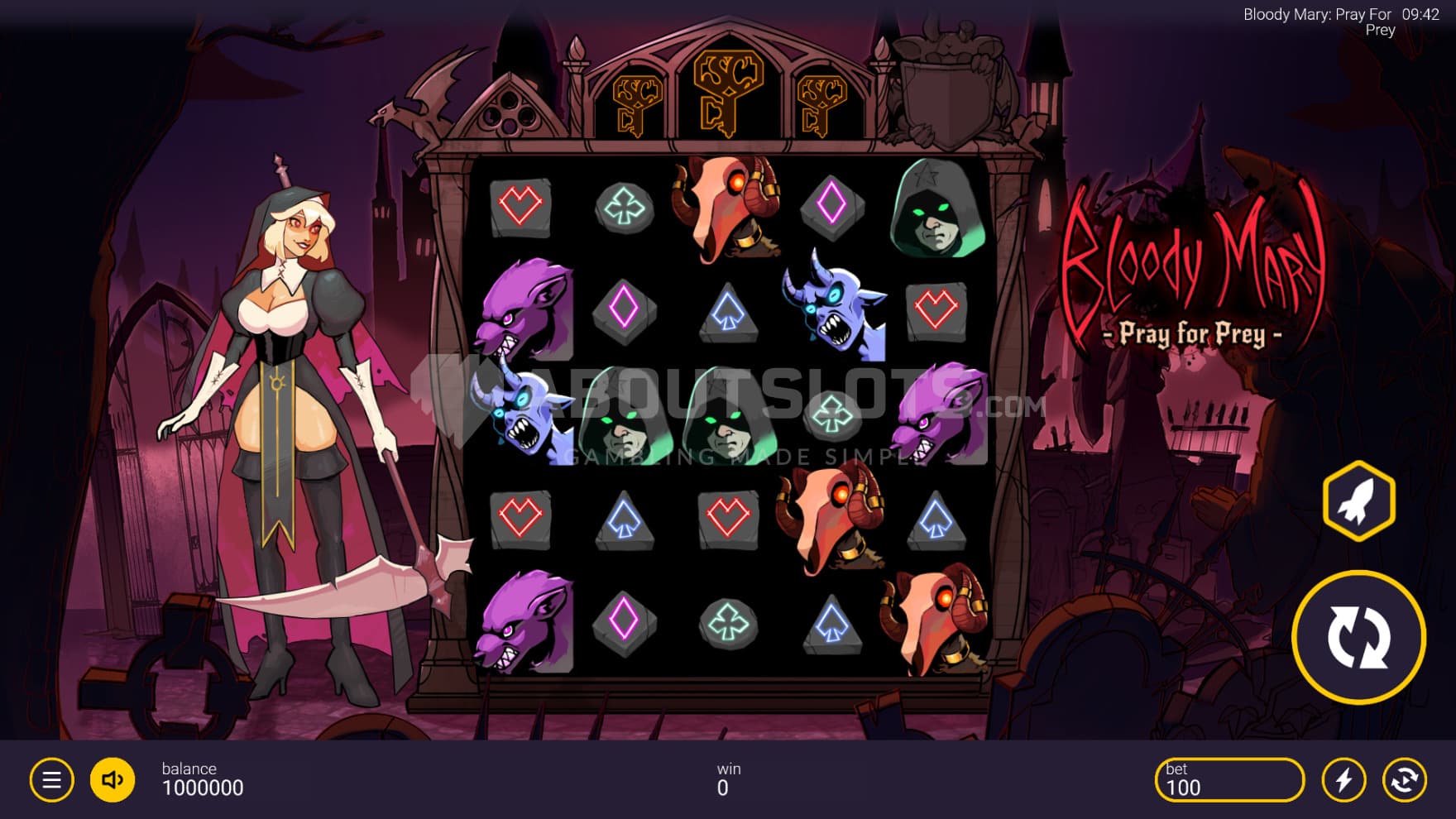 Titular Mary, the demon slaying nun, stands next to the reels, ready to swing her scythe