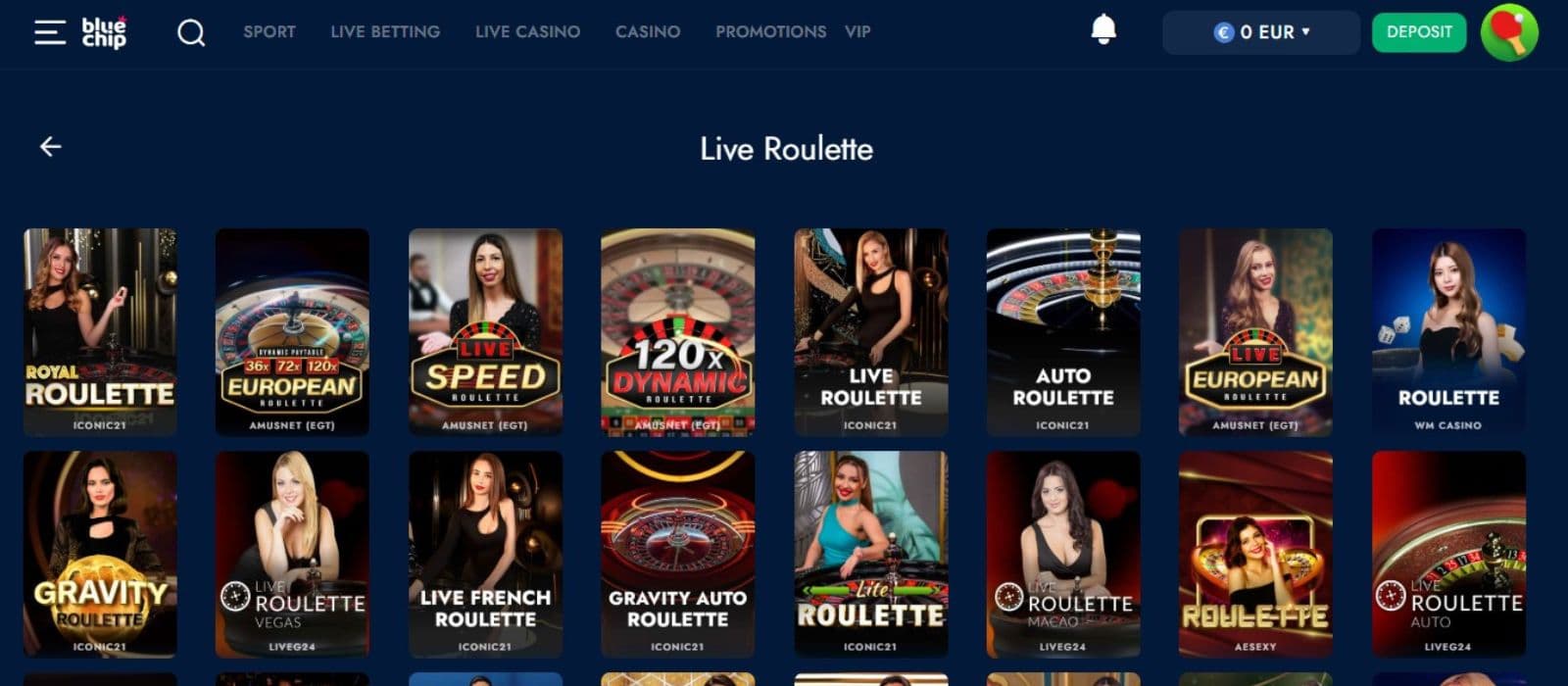 BlueChip Casino live games page featuring multiple live roulette titles, including Speed Roulette, European Roulette, Auto Roulette, and Gravity Roulette.