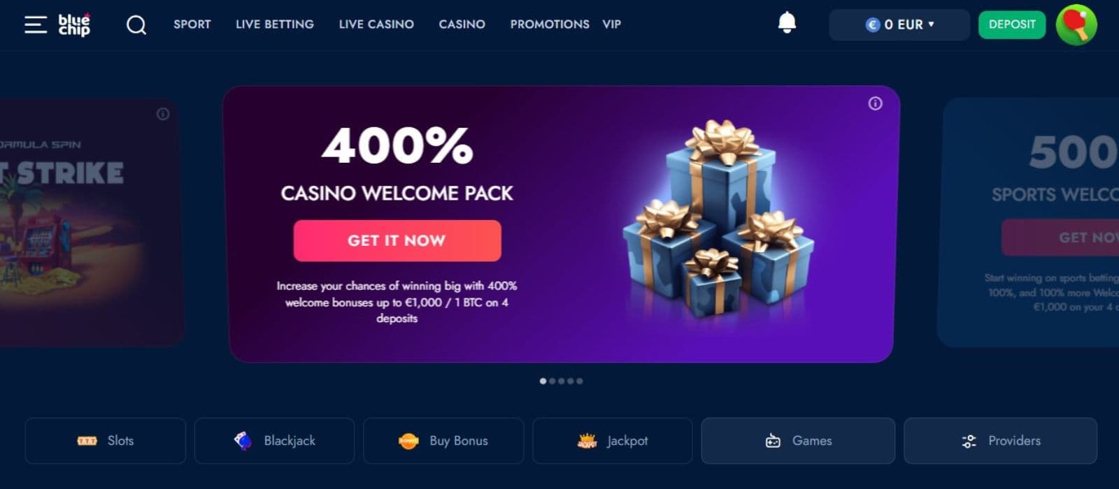 BlueChip Casino homepage banner highlighting a 400% casino welcome pack worth up to €1,000 or 1 BTC, spread across four deposits.