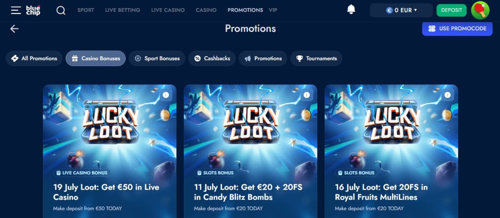 BlueChip Casino promotions page showcasing daily ‘Luck Loot’ offers, including free spins and bonus credits for Candy Blitz Bombs, Royal Fruits MultiLines, and live casino games.